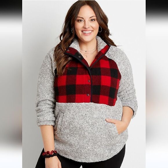 Maurices Plus Size Gray Buffalo Plaid Yoke Snap Front Sherpa Pullover Sweatshirt - Picture 1 of 12